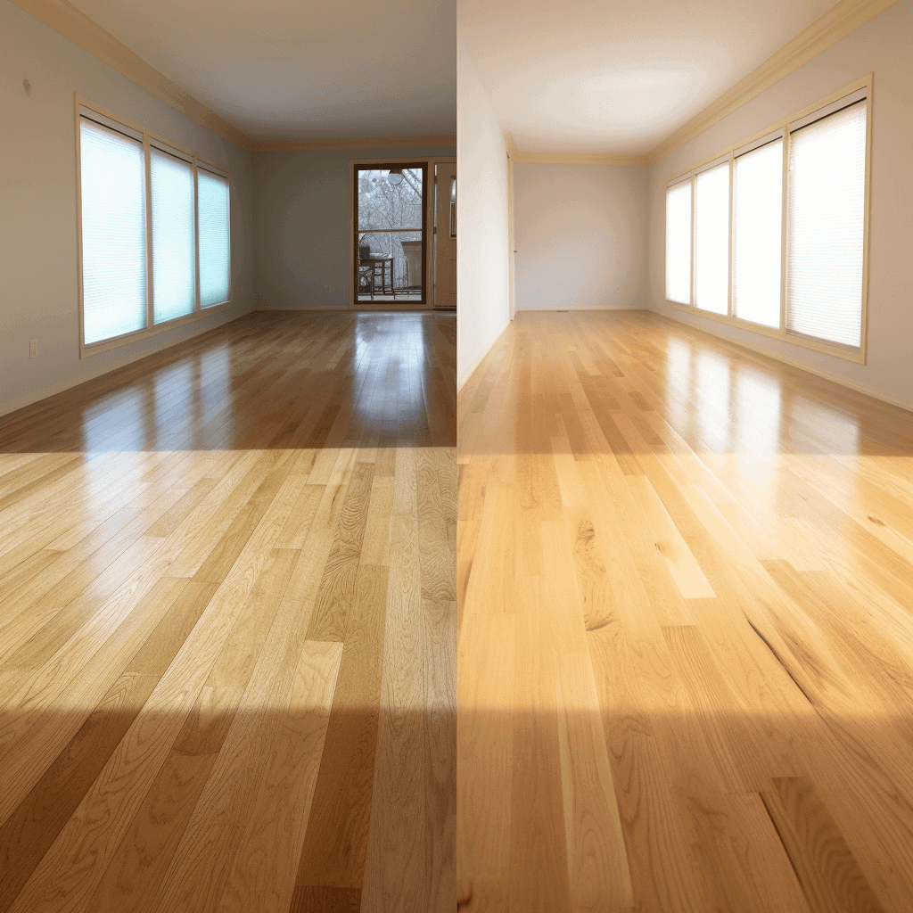 side by side of pine flooring and oak flooring