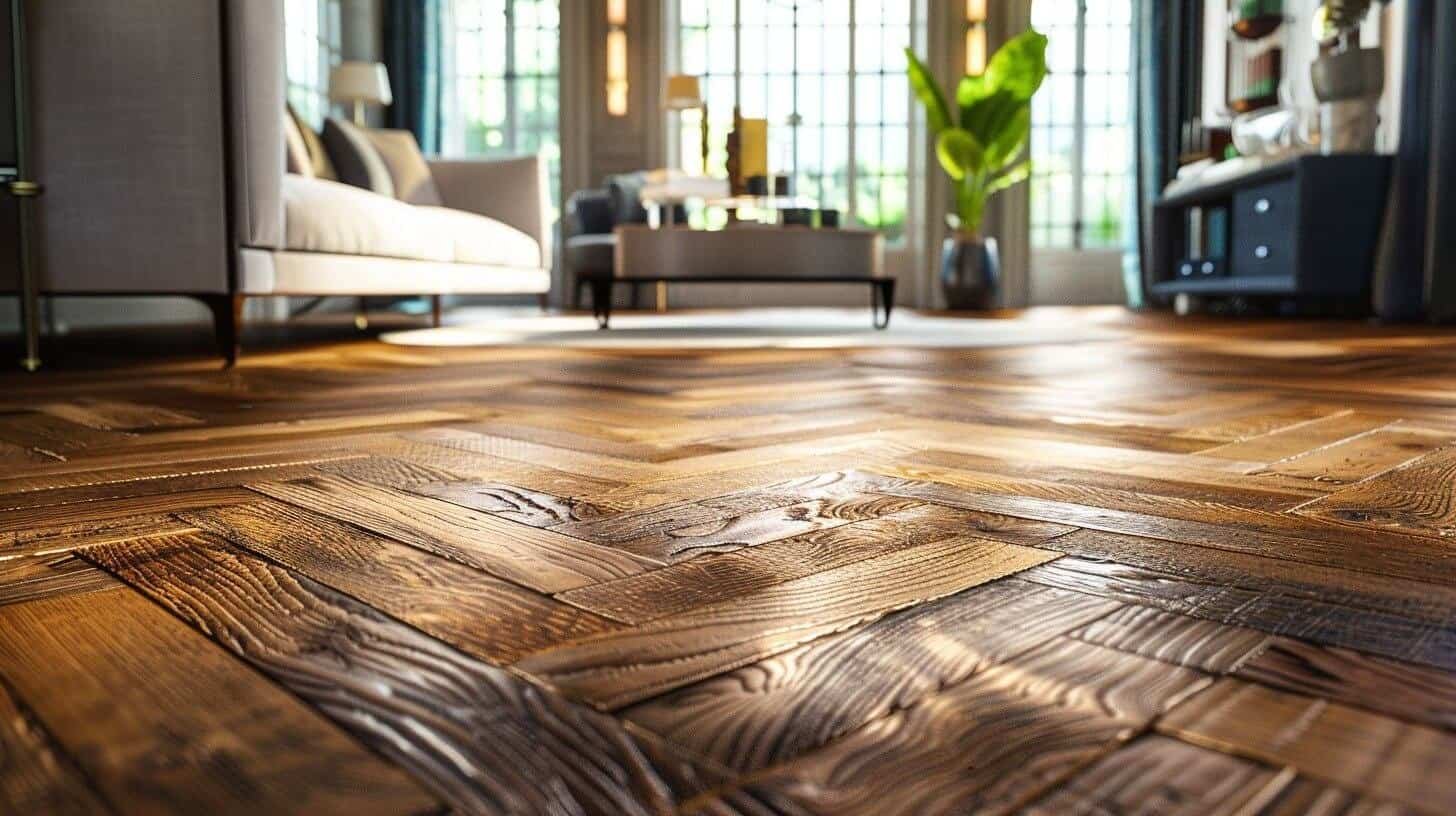 up close shot of rustic parquet wood flooring