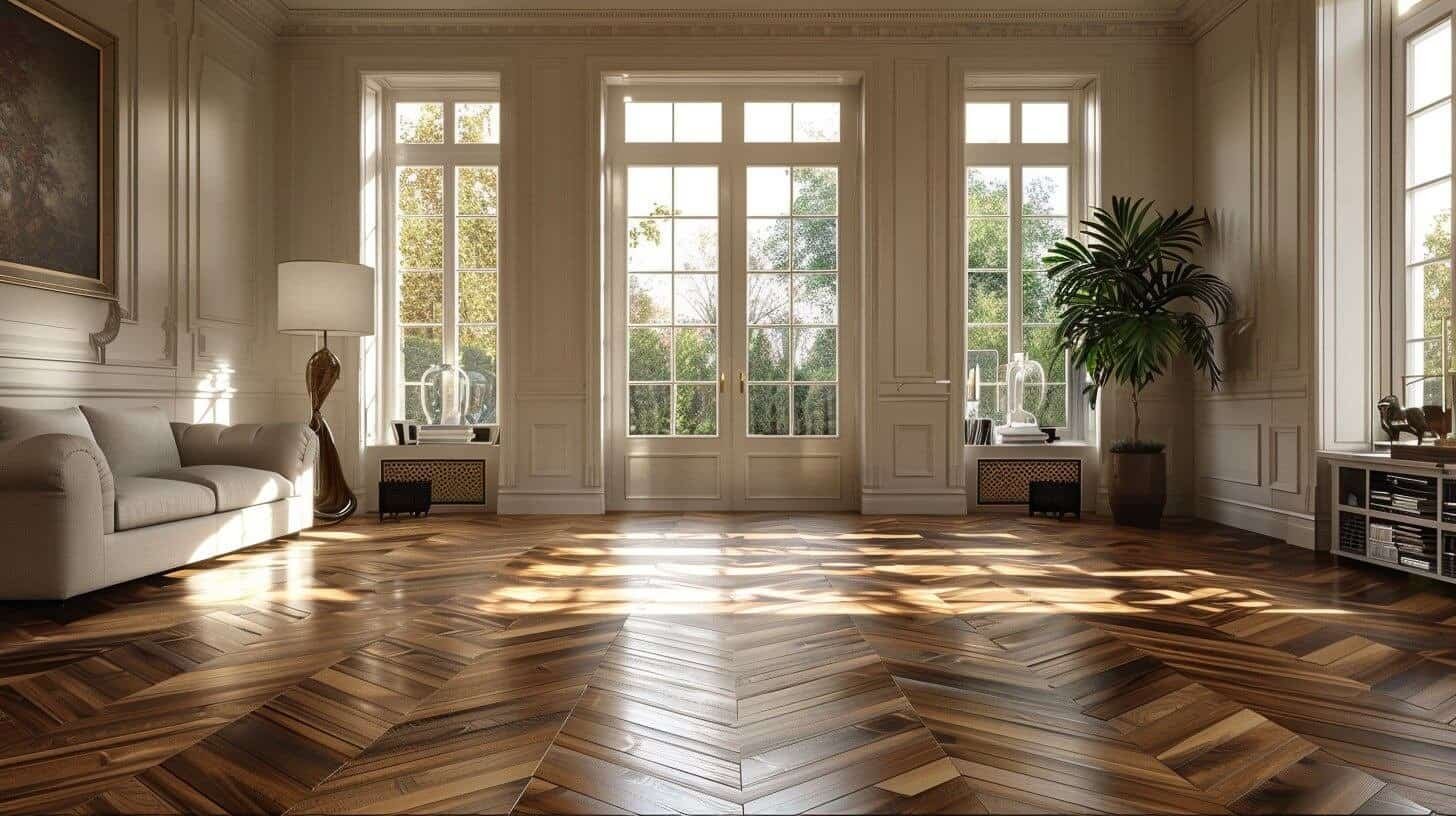 herringbone / parquet wood flooring in front of a set of windows