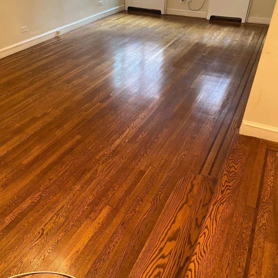 Before and after comparison of a scratched wood floor versus a polished refinished surface.