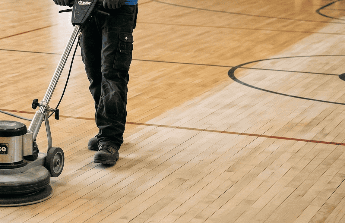 Person operating a floor buffer machine on a wooden gymnasium floor, with basketball court lines visible. Only the persons legs and the cleaning equipment are shown in the image.